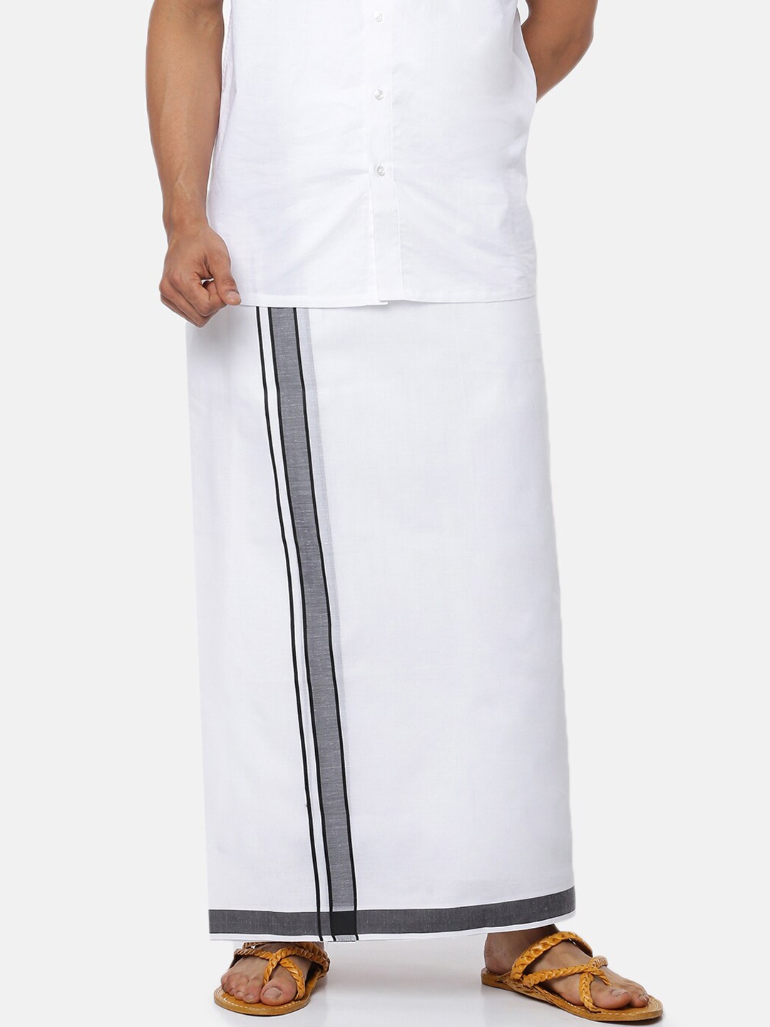 

Ramraj Men Pure Cotton Double Layer White Solid Dhoti with Broad grey border
