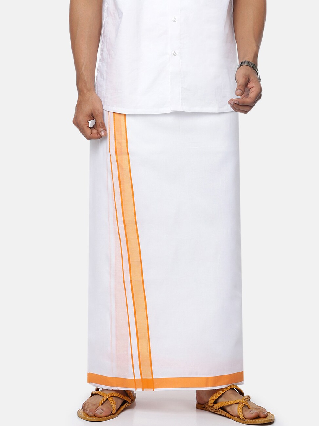 

Ramraj Men Pure Cotton Double Layer White Solid Dhoti with Orange border