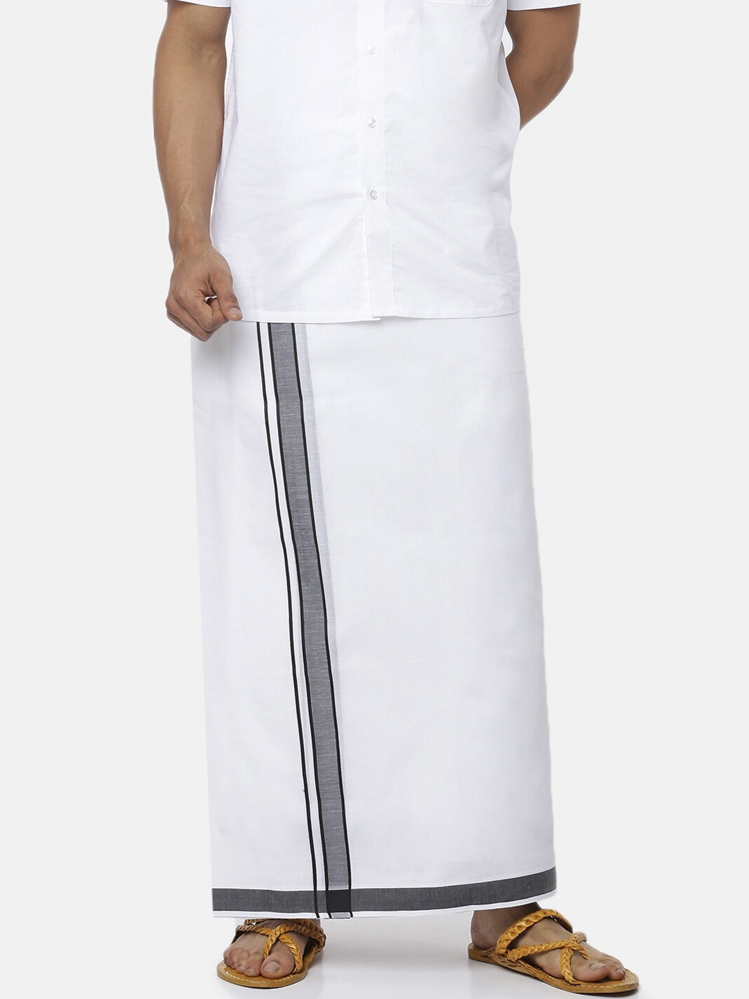 

Ramraj Men White & Grey Solid Pure Cotton Dhoti