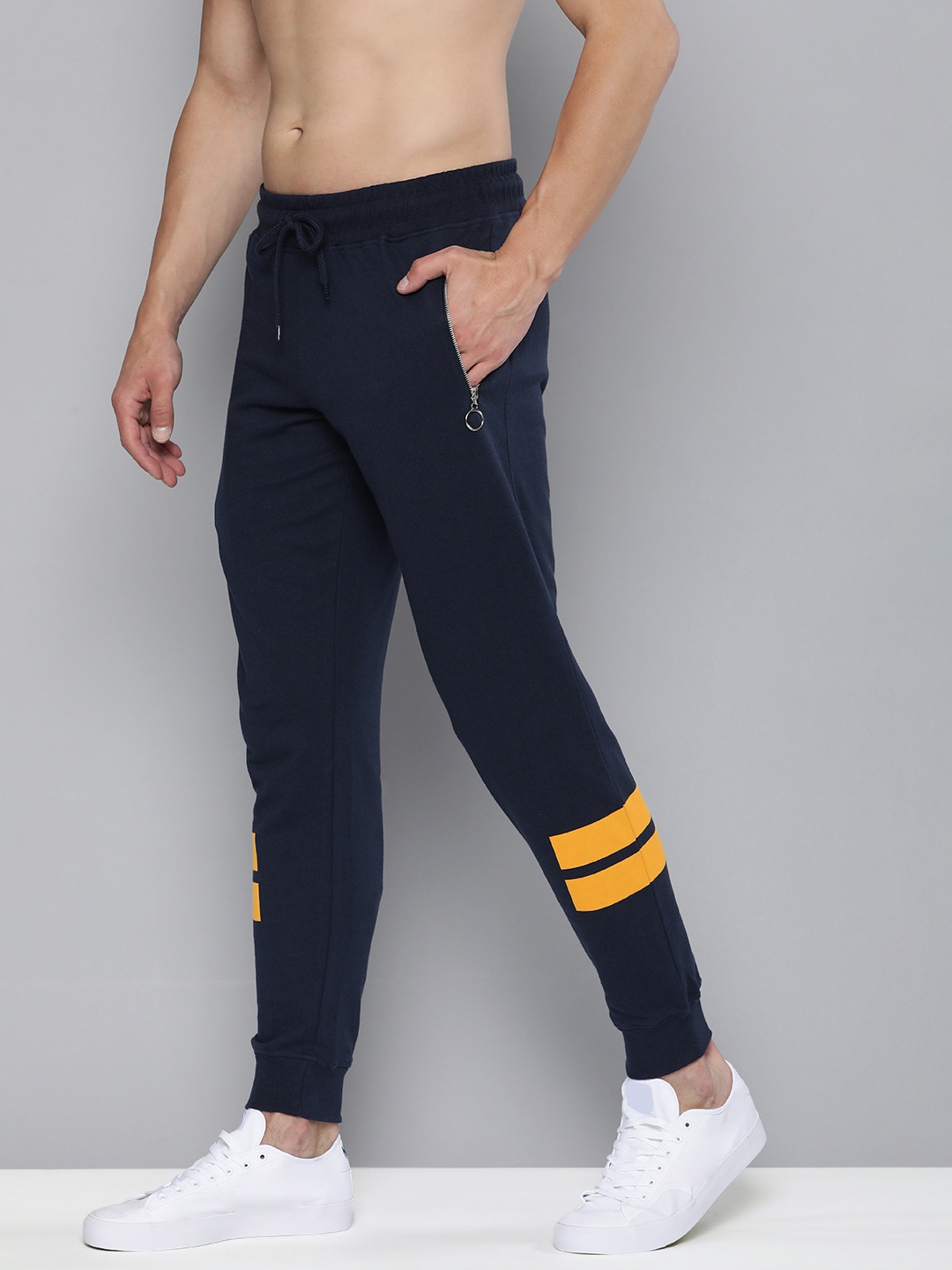 

HERE&NOW Men Navy Blue & Yellow Striped Joggers