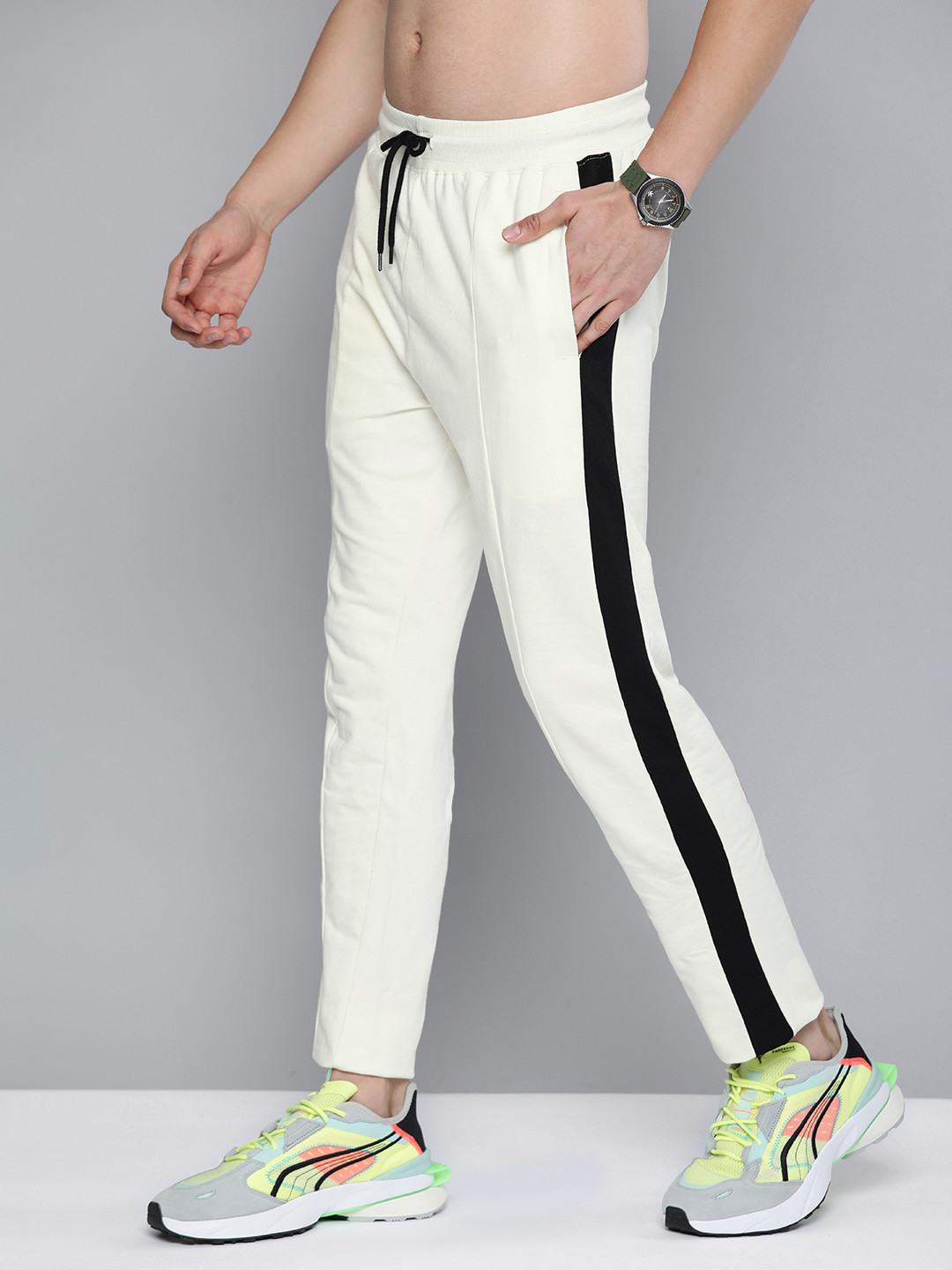 

HERE&NOW Men Off-White Solid Pure Cotton Track Pants with Side Taping Detail