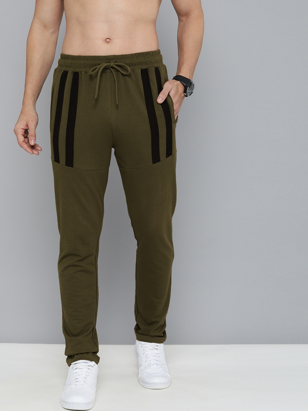 

HERE&NOW Men Olive Green Solid Pure Cotton Track Pants with Striped Detailing