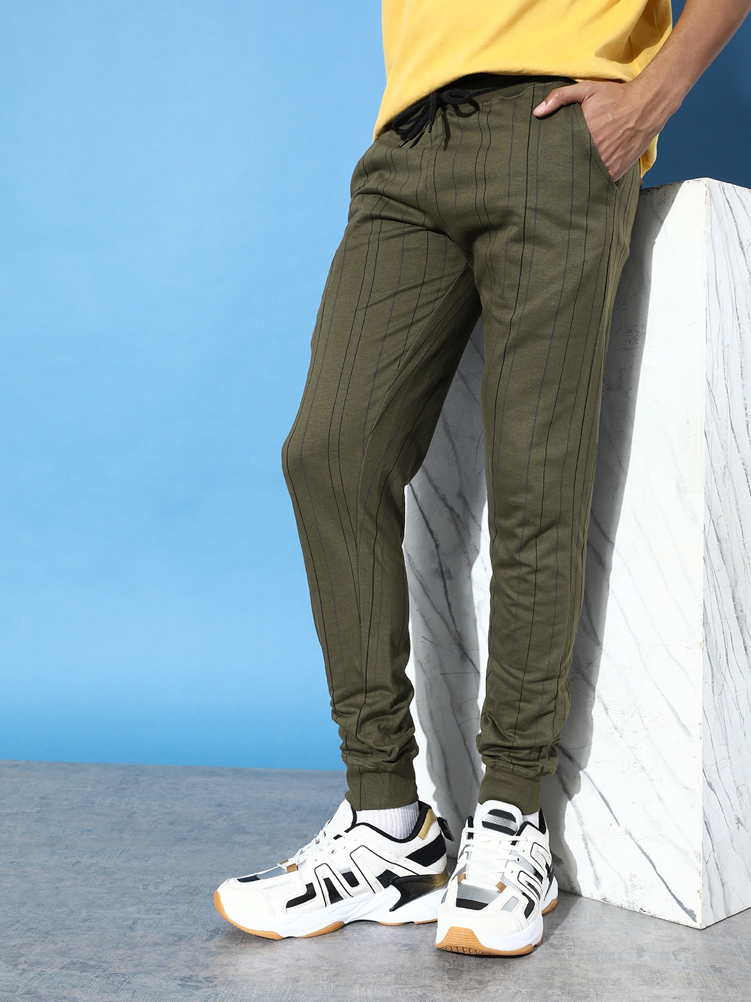 

HERE&NOW Men Leafy Olive Green Striped Work To Lounge Pure Cotton Joggers