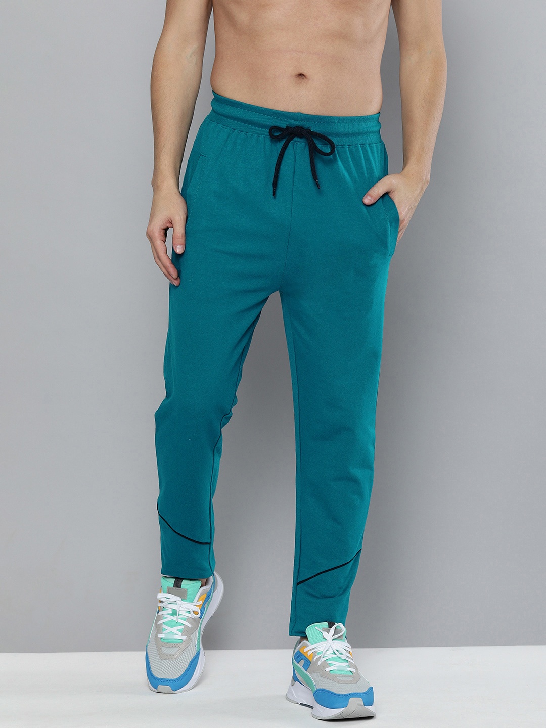 

HERE&NOW Men Teal Blue Solid Pure Cotton Track Pants