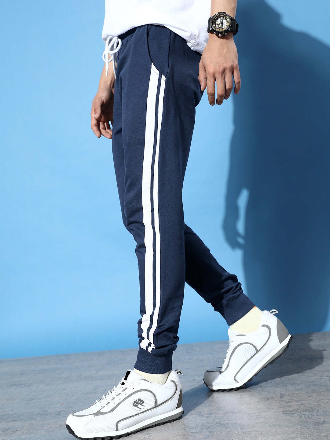

HERE&NOW Men Navy Blue Patched & Panelled Pure Cotton Slim Fit Joggers