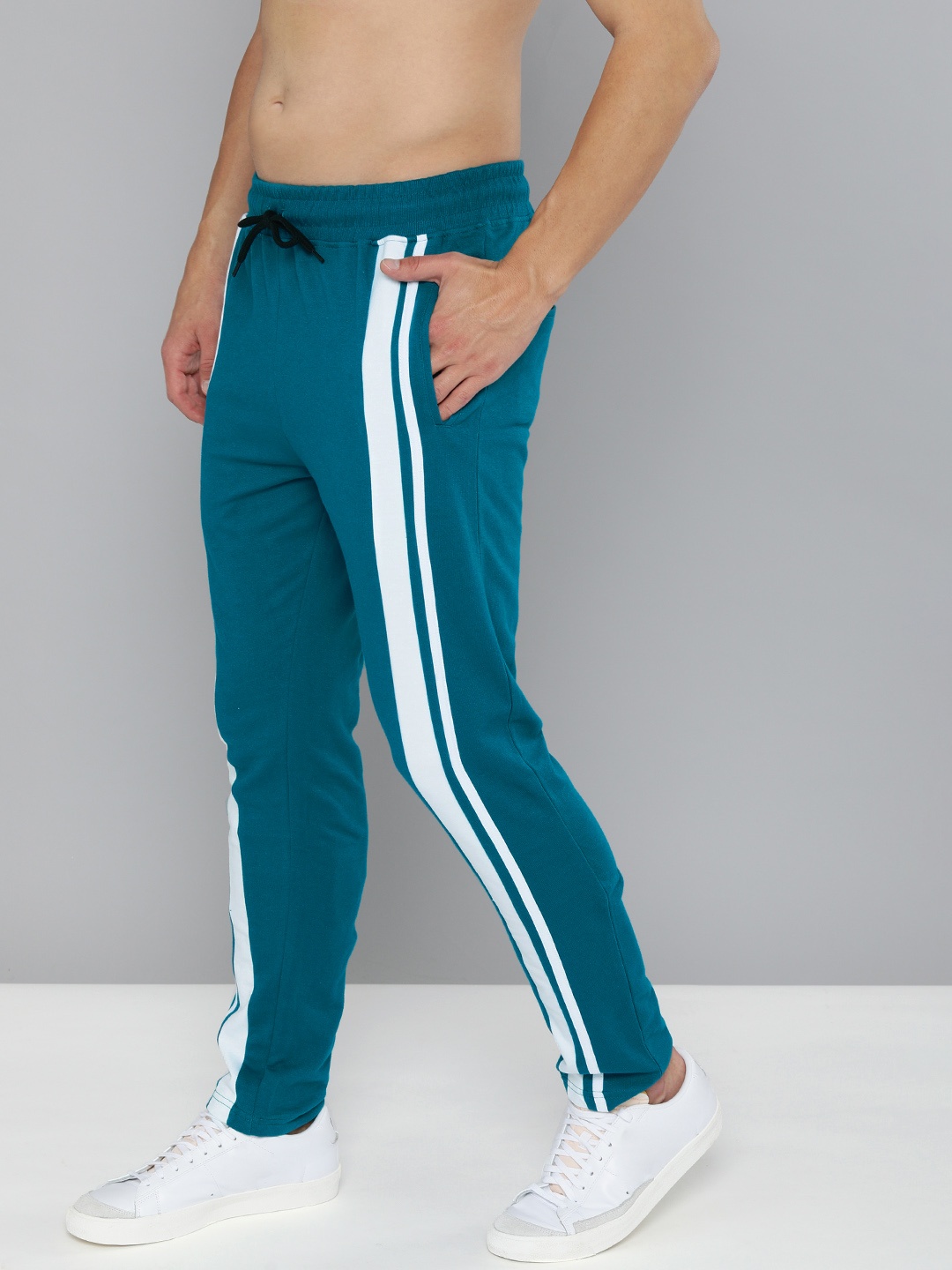 

HERE&NOW Men Teal Blue Side Striped Pure Cotton Track Pants