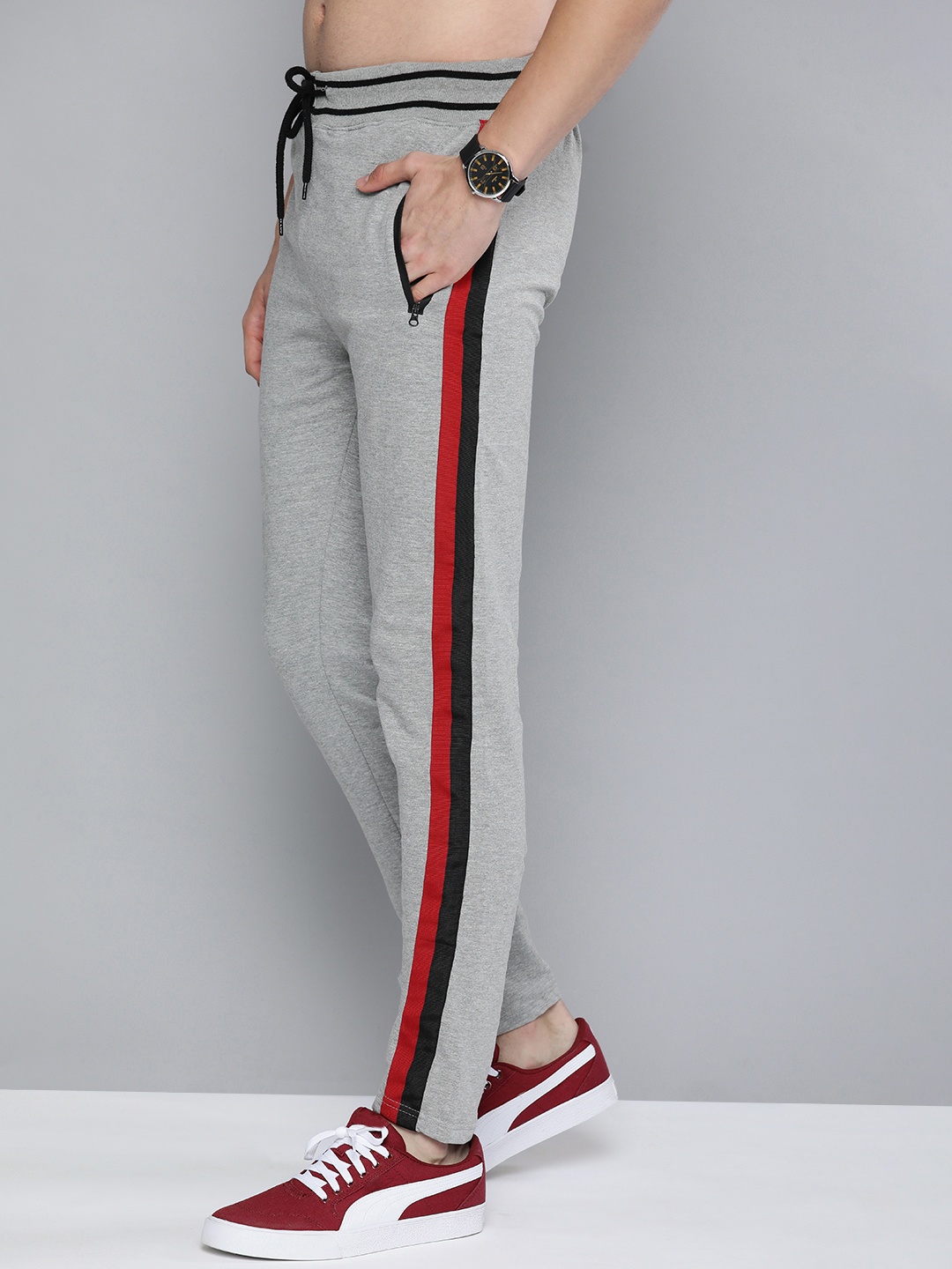 

HERE&NOW Men Grey Melange Solid Slim Fit Mid-Rise Track Pants with Side Taping Detail