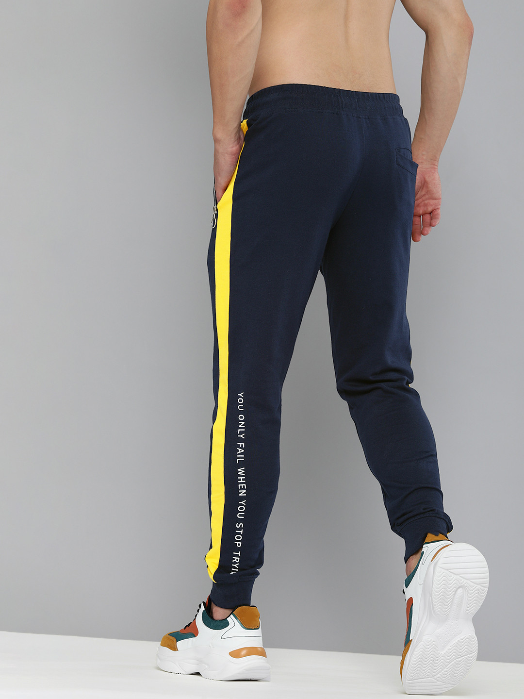 

HERE&NOW Men Navy Blue & Yellow Striped Pure Cotton Printed Joggers