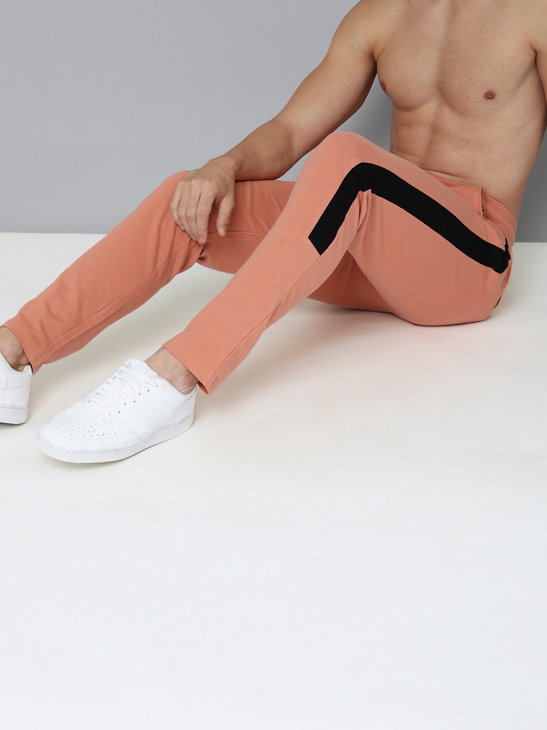 

HERE&NOW Men Peach-Coloured Side Striped Pure Cotton Track Pants