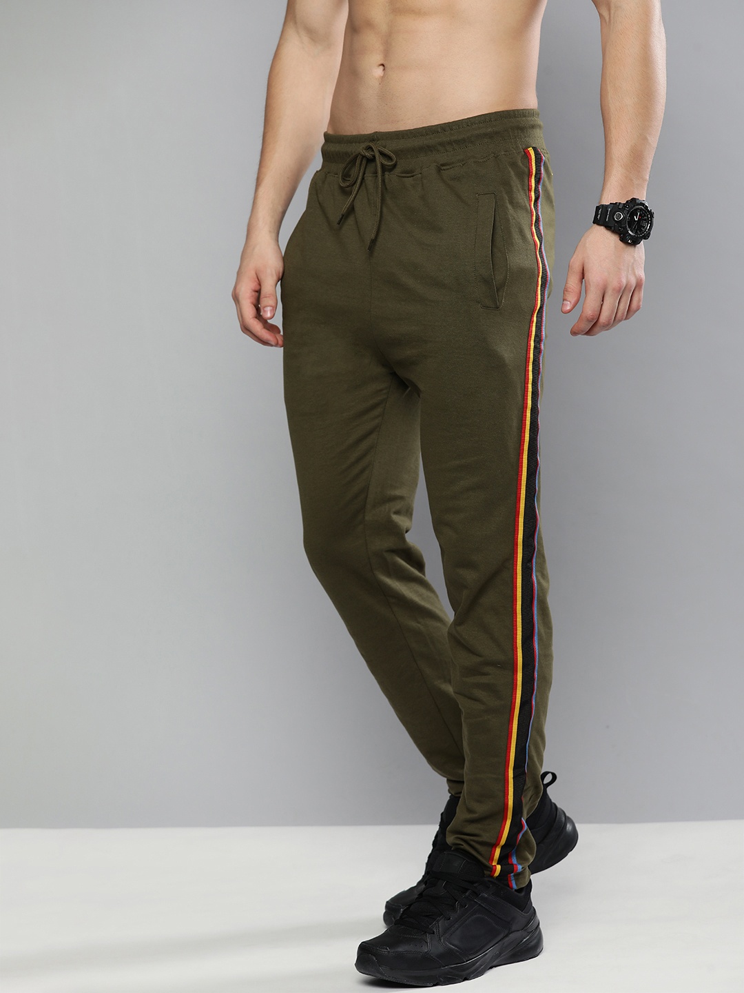 

HERE&NOW Men Olive Green Side Striped Pure Cotton Track Pants