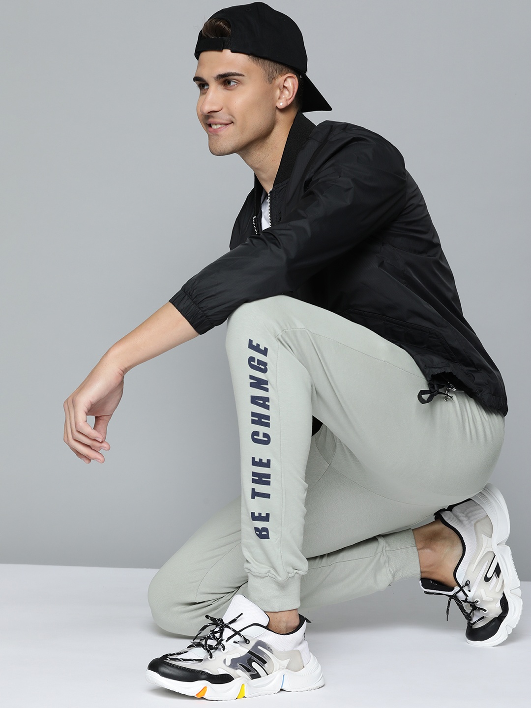 

HERE&NOW Men Grey Pure Cotton Printed Detail Joggers