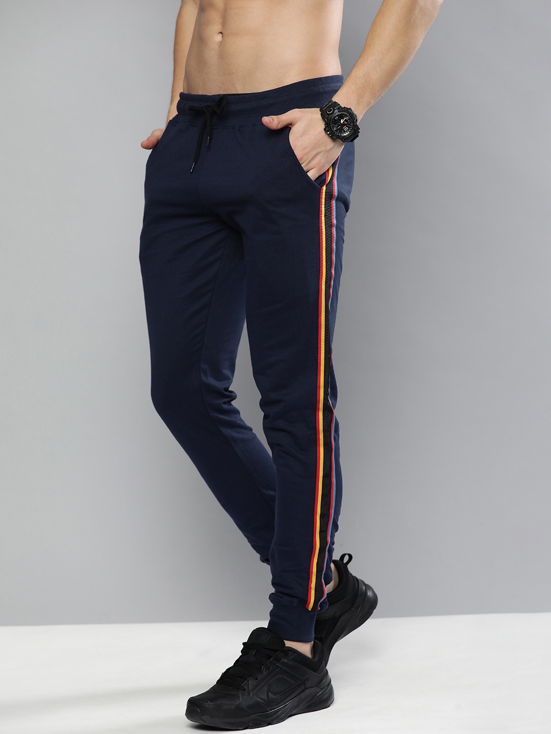 

HERE&NOW Men Navy Blue Side Striped Pure Cotton Joggers