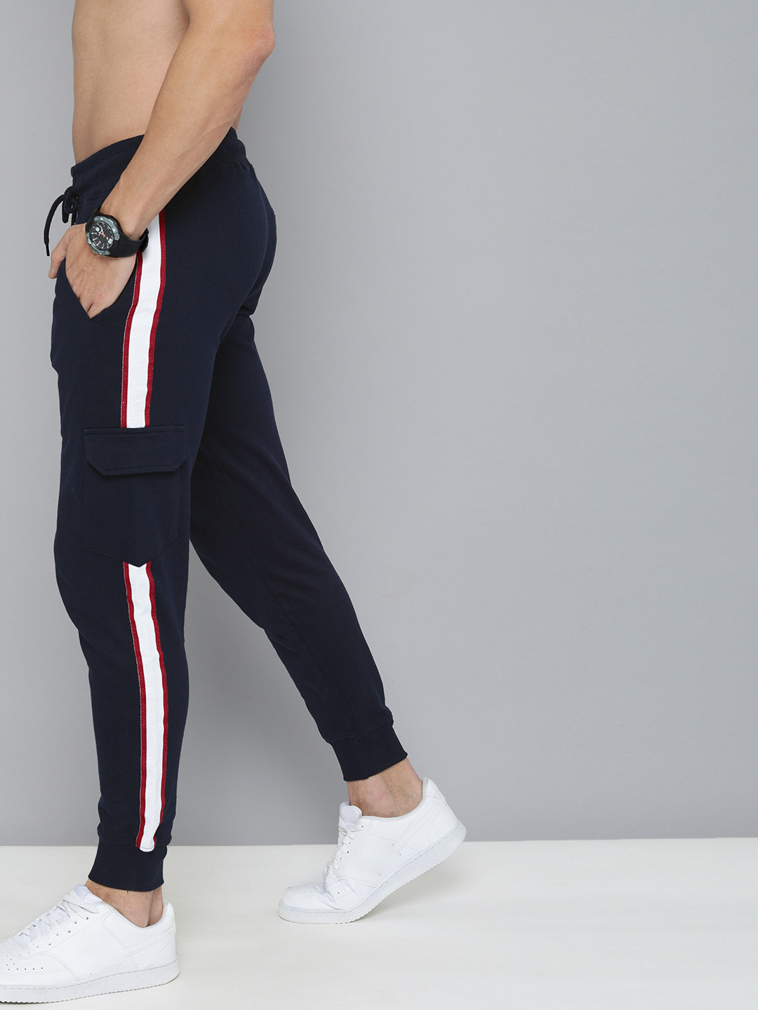 

HERE&NOW Men Navy Blue & White Side Striped Pure Cotton Joggers