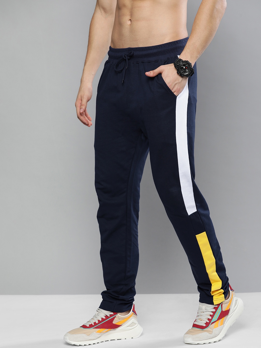 

HERE&NOW Men Navy Blue & White Striped Pure Cotton Track Pants