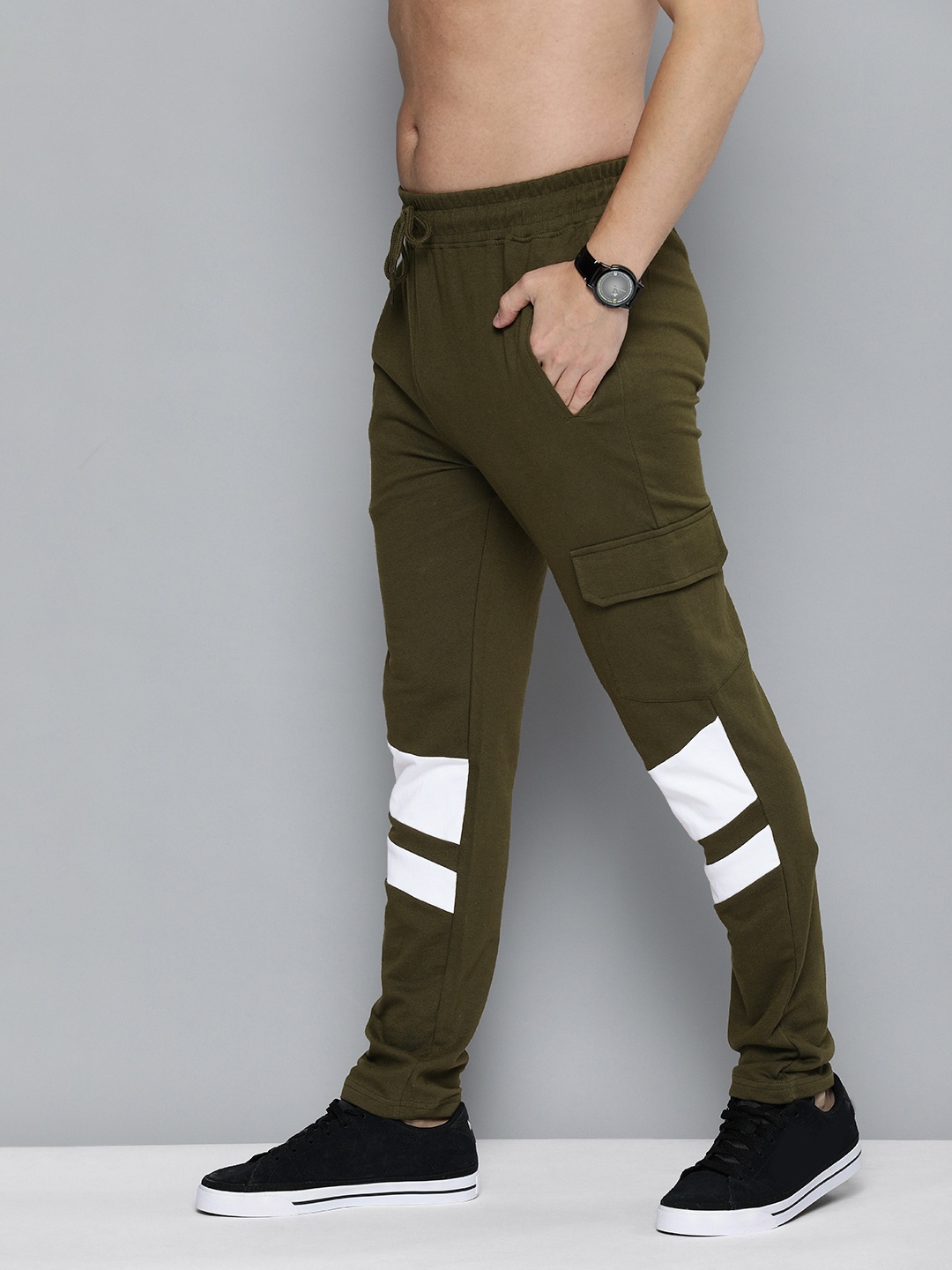 

HERE&NOW Men Olive Green & White Colourblocked Track Pants