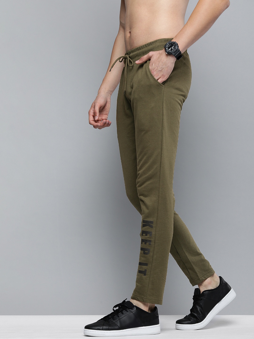 

HERE&NOW Men Olive Green & Black Printed Track Pants