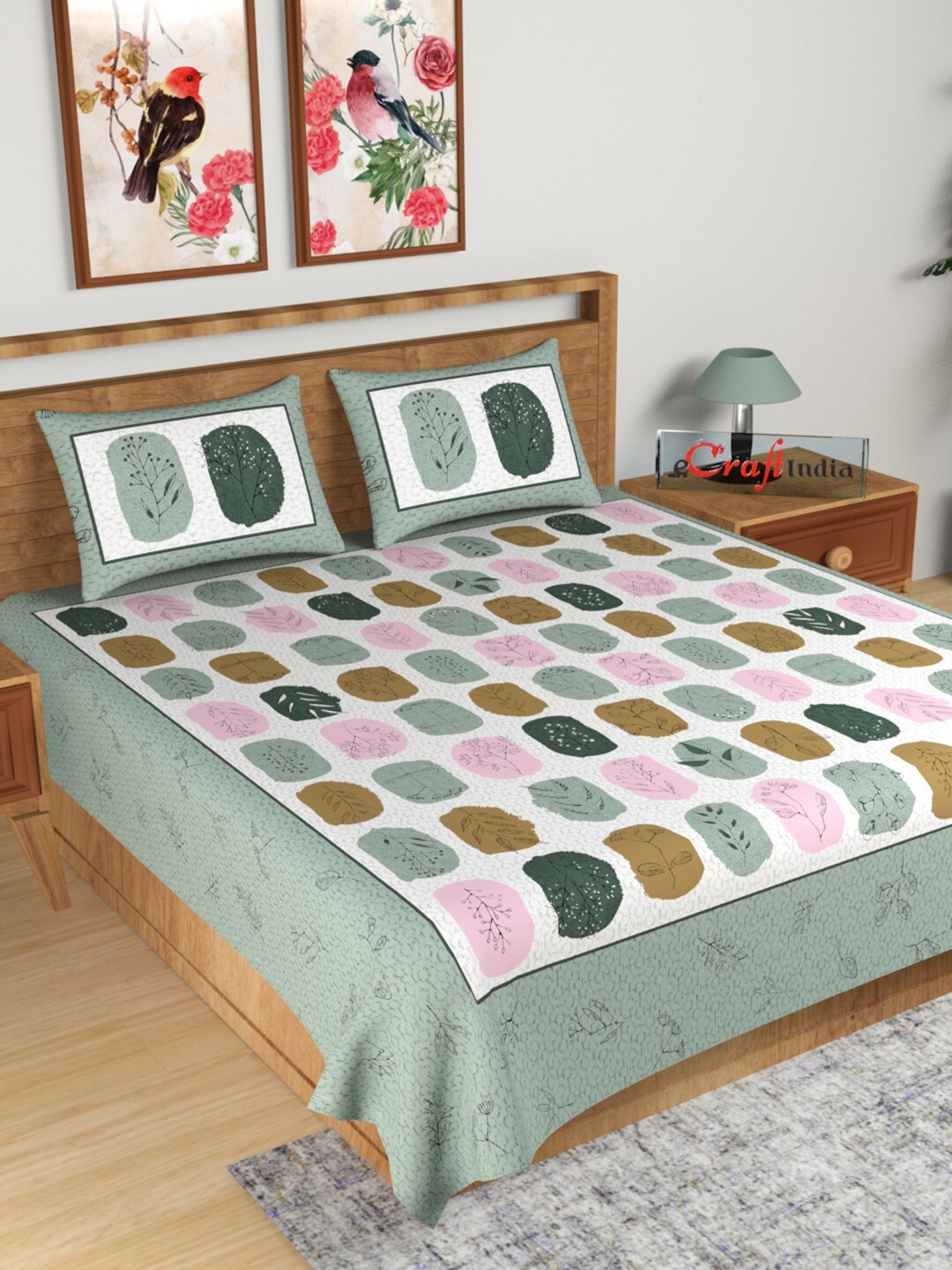 

eCraftIndia Green & Pink Floral 180 TC King Bedsheet with 2 Pillow Covers
