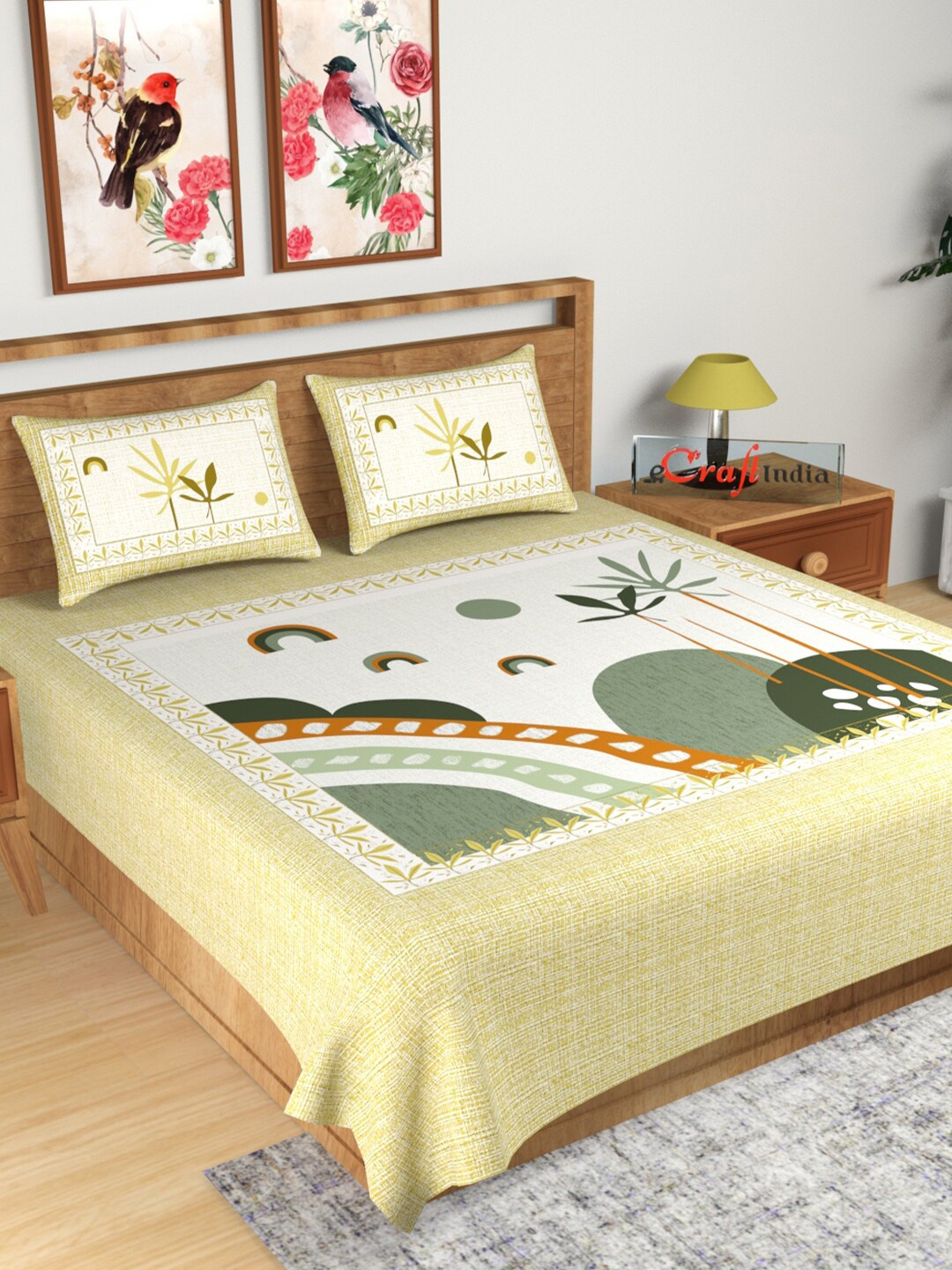 

eCraftIndia Yellow & Green Graphic 180 TC King Bedsheet with 2 Pillow Covers