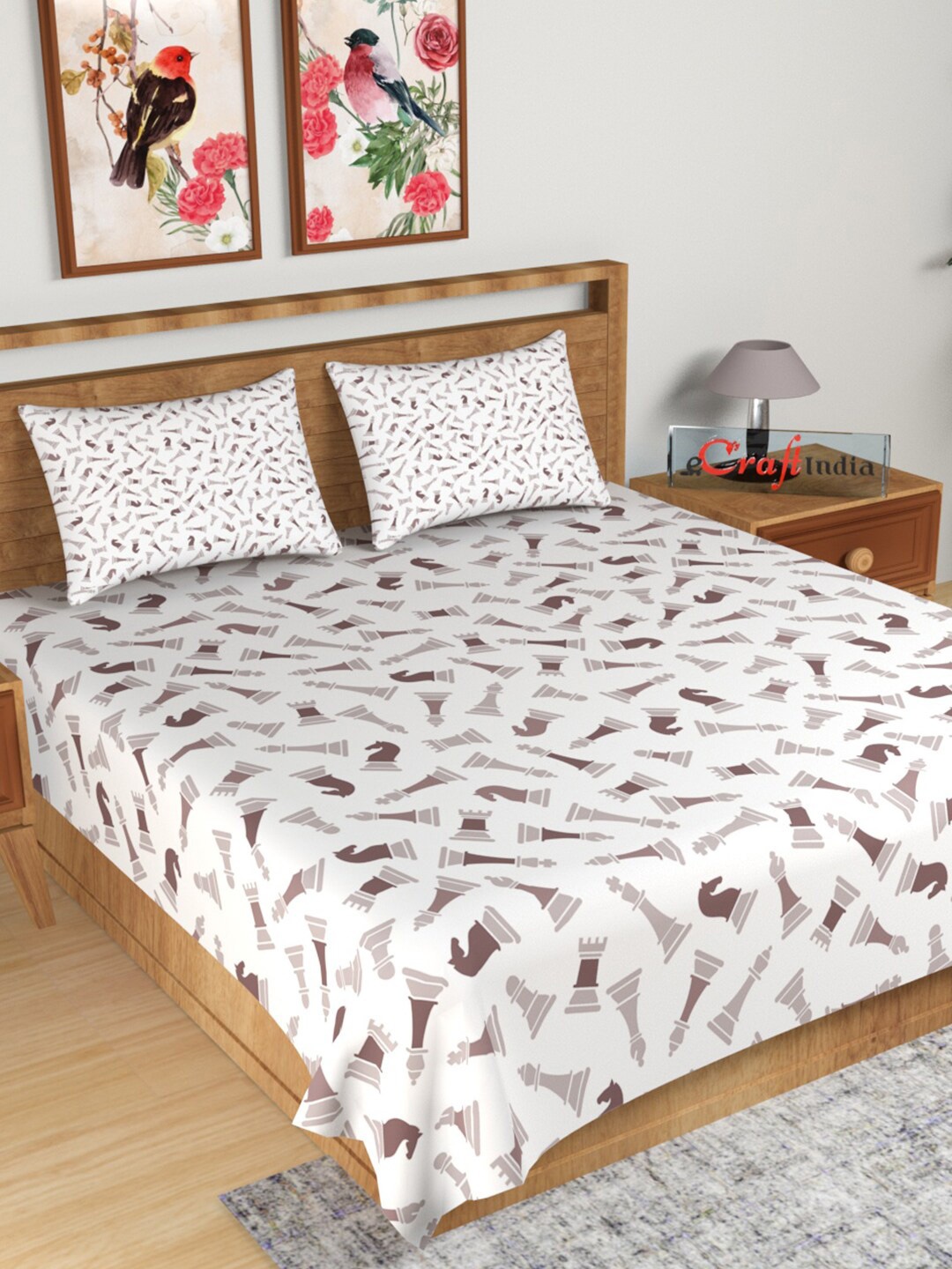 

eCraftIndia White & Brown Conversational 180 TC King Bedsheet with 2 Pillow Covers