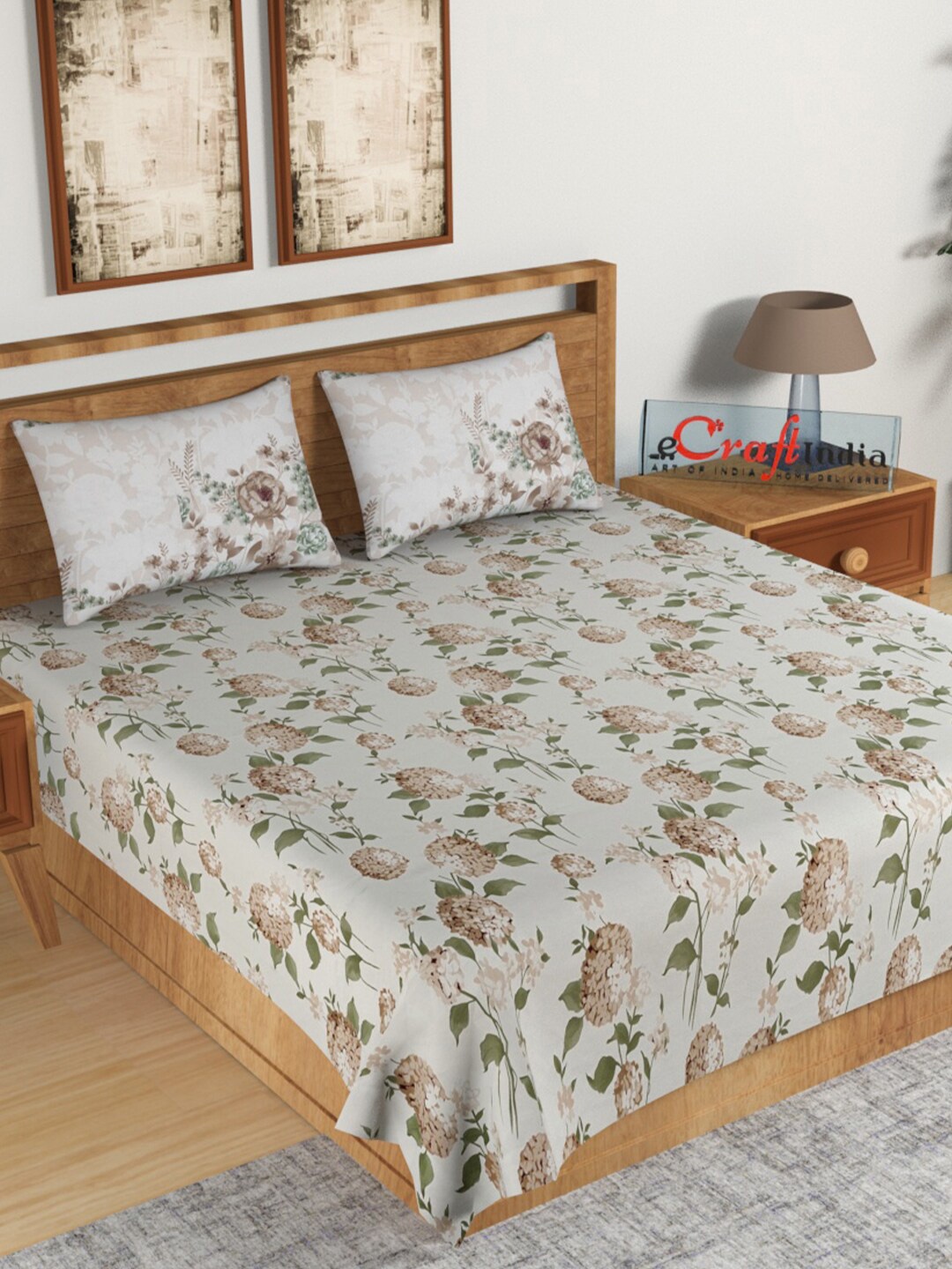 

eCraftIndia Grey & Brown Floral 144 TC King Bedsheet with 2 Pillow Covers