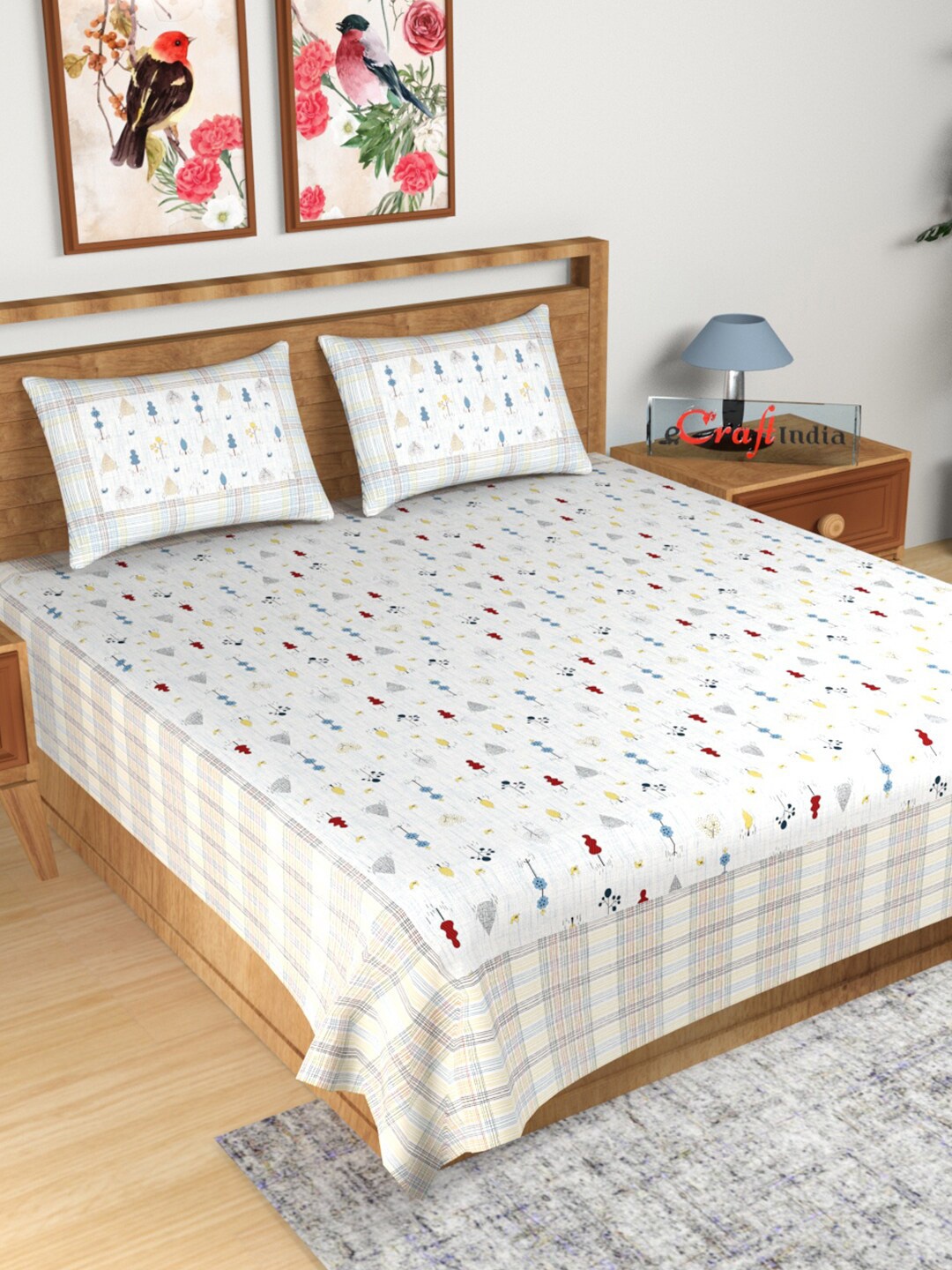 

eCraftIndia White & Blue Conversational 180 TC King Bedsheet with 2 Pillow Covers