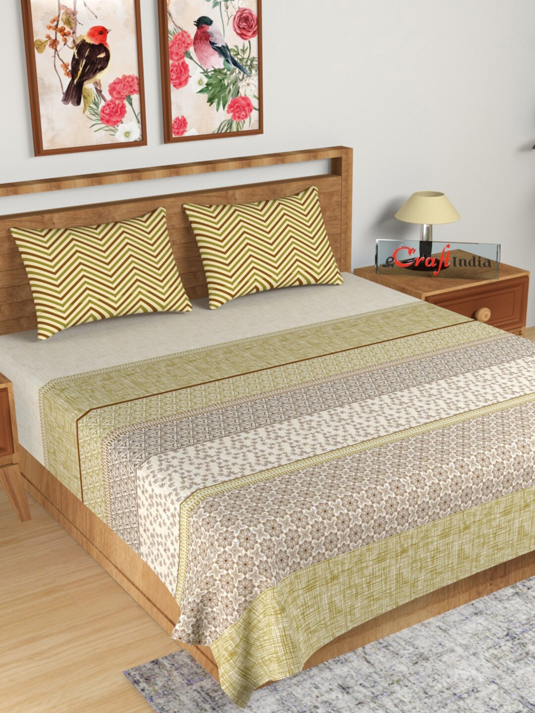 

eCraftIndia Beige & Green Ethnic Motifs 180 TC King Bedsheet with 2 Pillow Covers