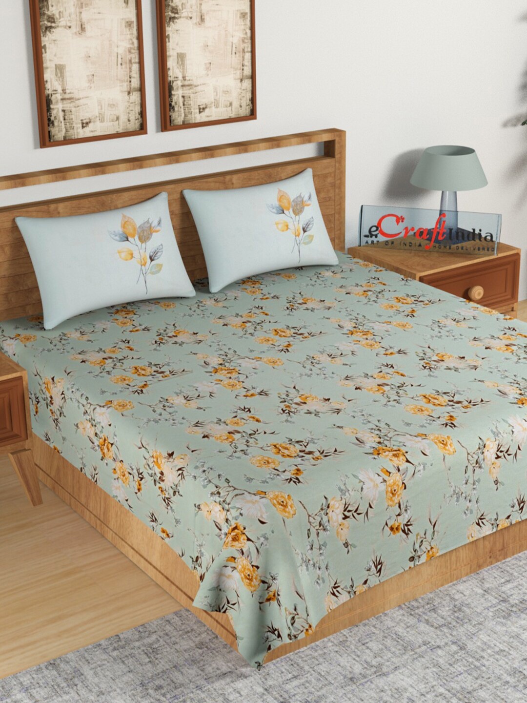 

eCraftIndia Green & Yellow Floral 144 TC King Bedsheet with 2 Pillow Covers