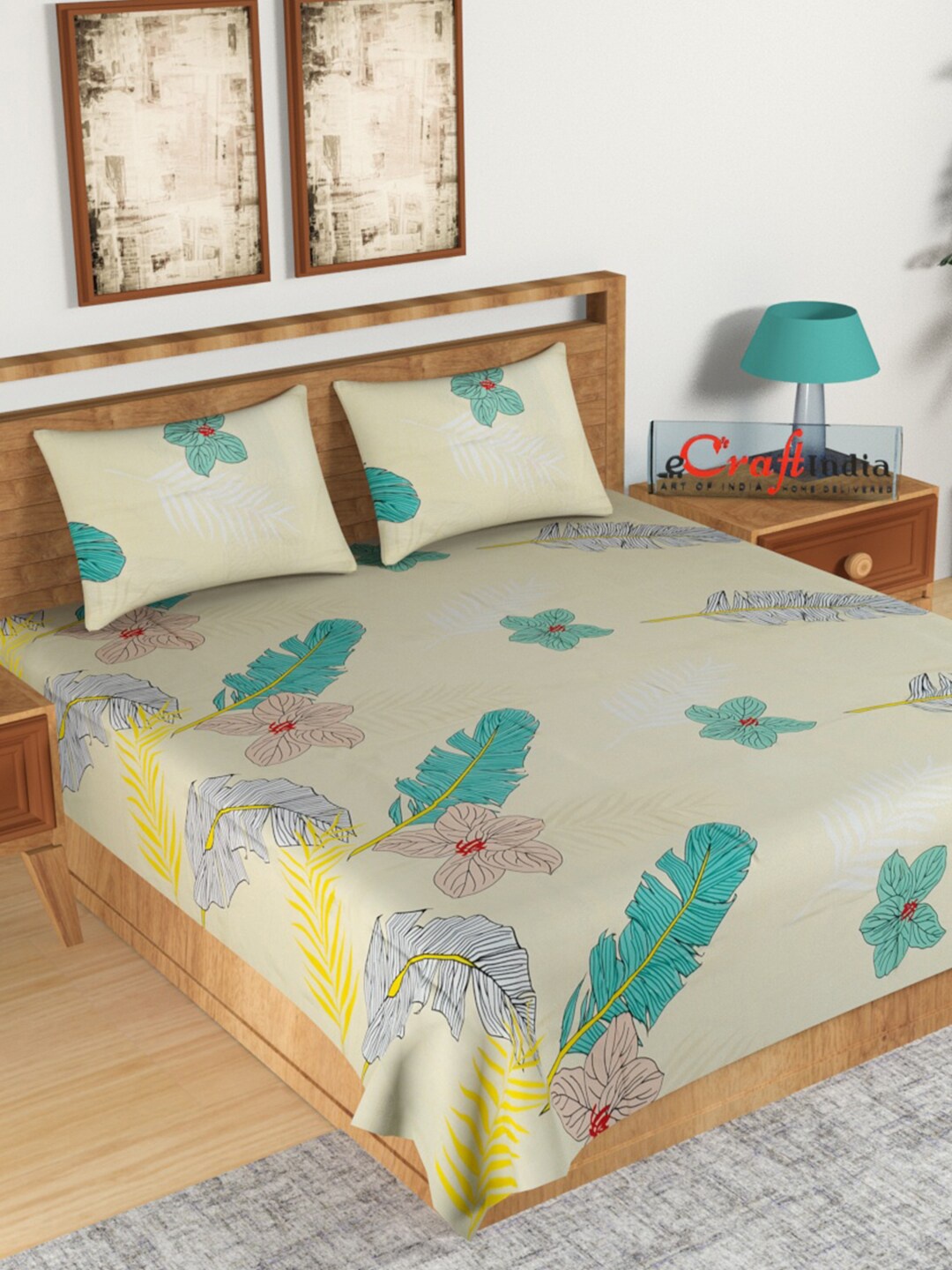 

eCraftIndia Green & Yellow Floral 140 TC King Bedsheet with 2 Pillow Covers