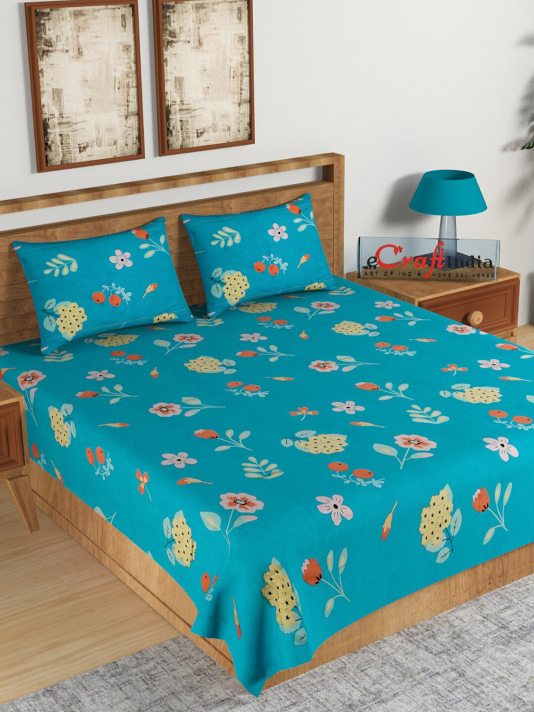 

eCraftIndia Turquoise Blue & Yellow Floral 140 TC King Bedsheet with 2 Pillow Covers