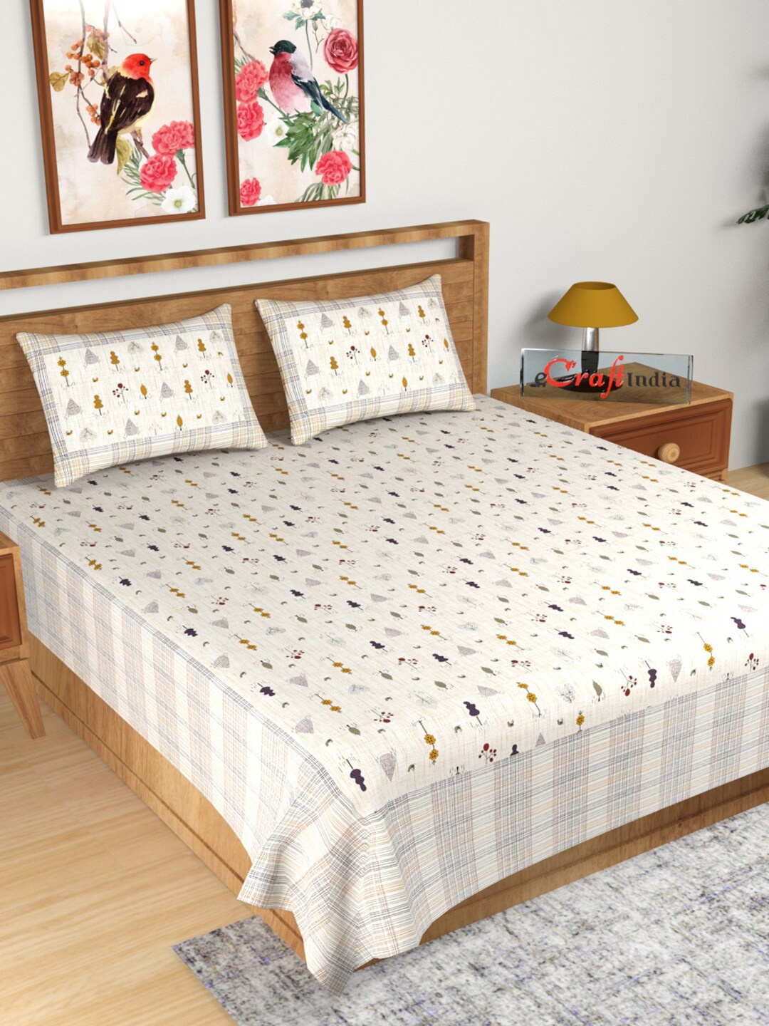 

eCraftIndia White & Yellow Conversational 180 TC King Bedsheet with 2 Pillow Covers