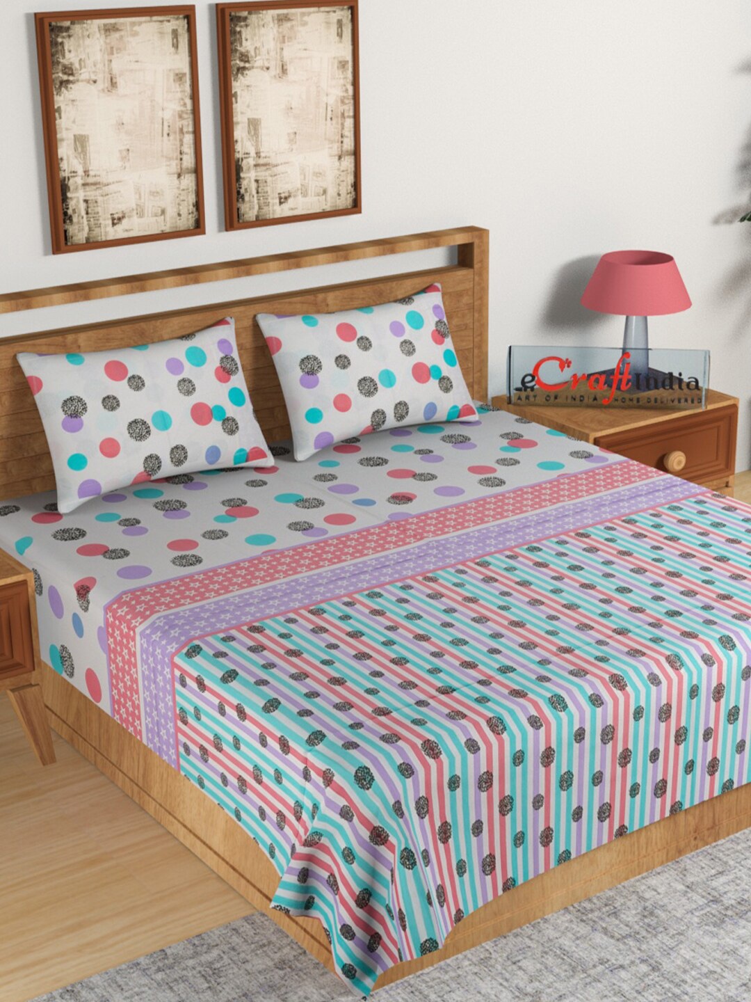 

eCraftIndia Lavender & Pink Geometric 144 TC King Bedsheet with 2 Pillow Covers