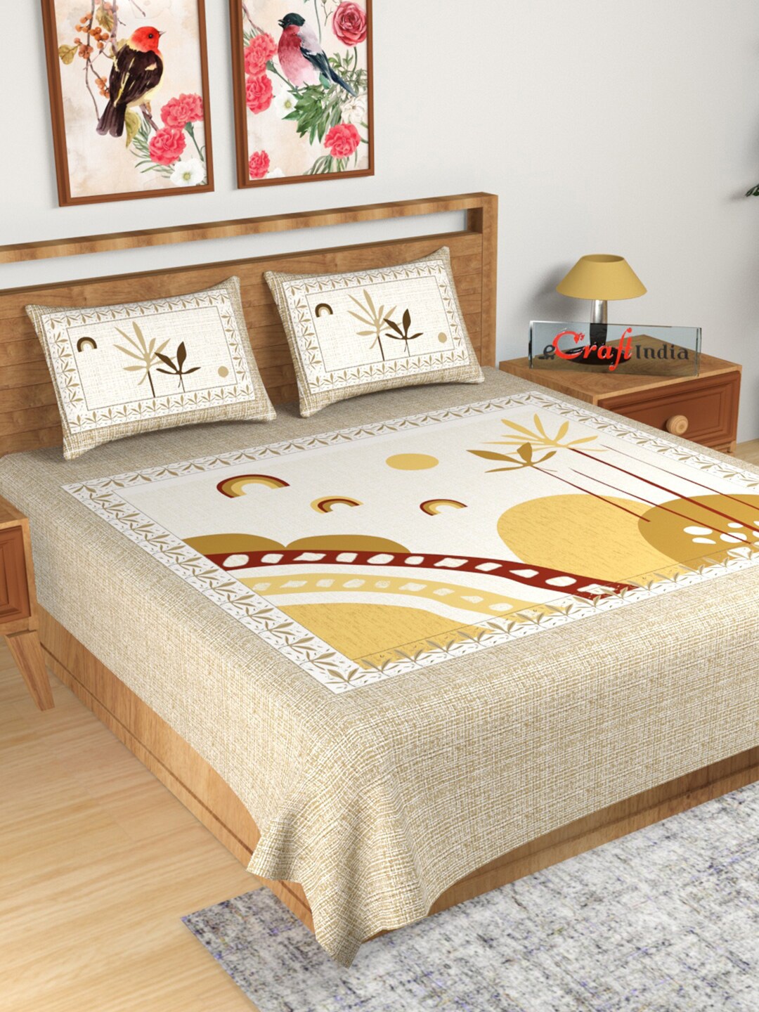 

eCraftIndia Brown & Yellow Graphic 180 TC King Bedsheet with 2 Pillow Covers