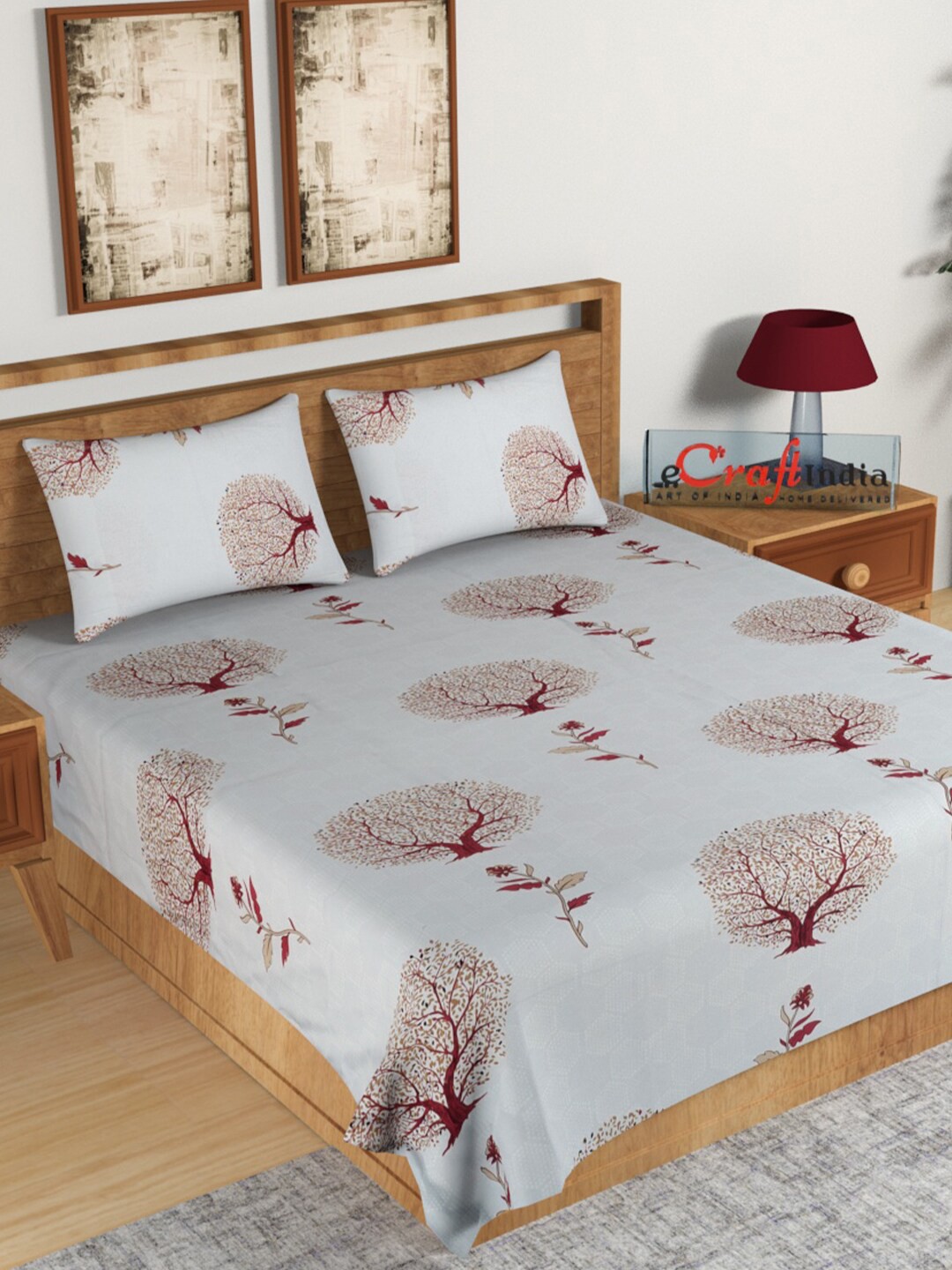 

eCraftIndia Red & Beige Floral 144 TC King Bedsheet with 2 Pillow Covers