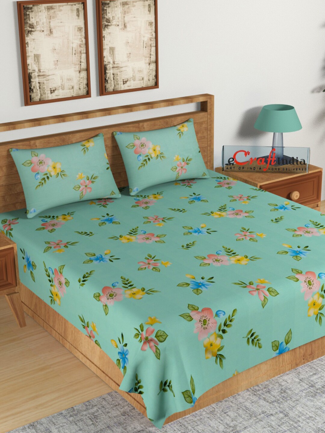 

eCraftIndia Green & Pink Floral 140 TC King Bedsheet with 2 Pillow Covers