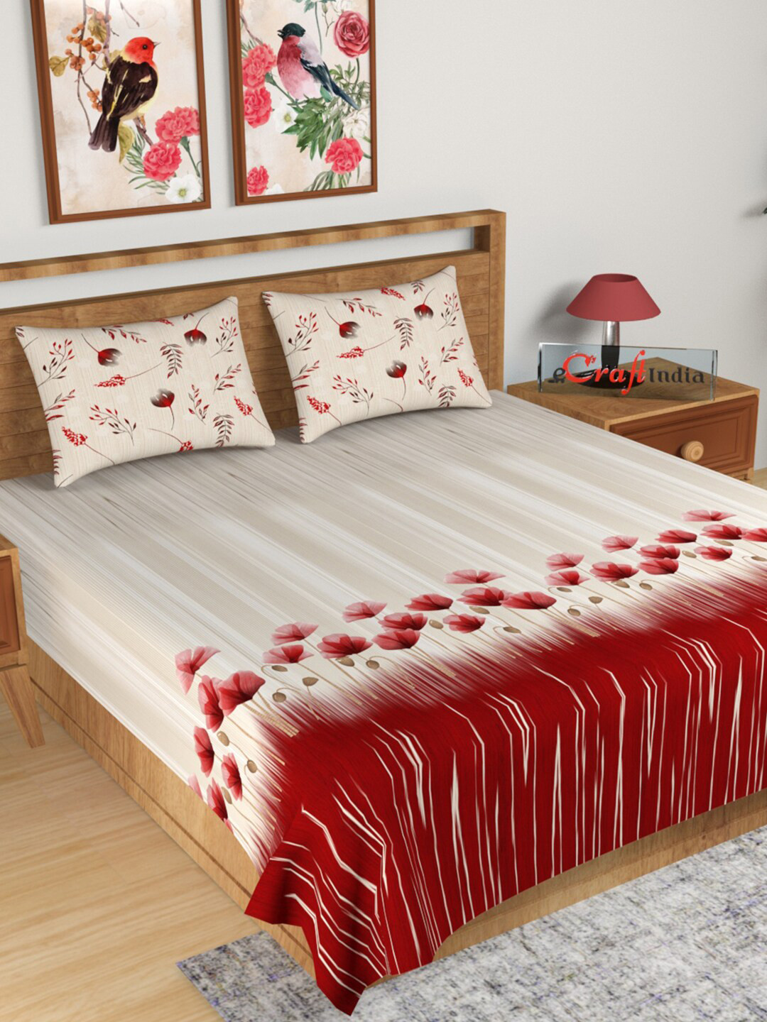 

eCraftIndia Off White & Red Floral 180 TC King Bedsheet with 2 Pillow Covers