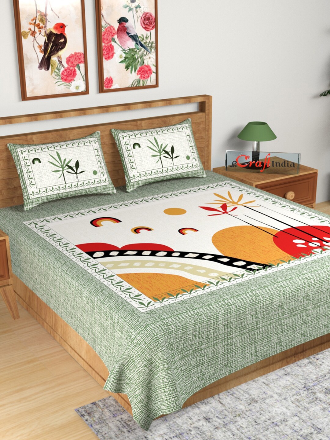 

eCraftIndia Green & Red Graphic 180 TC King Bedsheet with 2 Pillow Covers