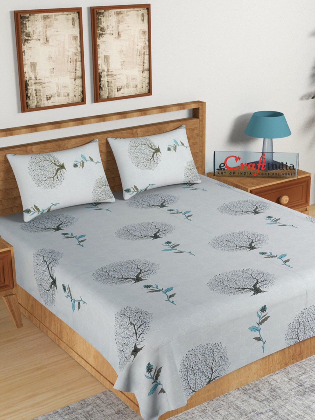 

eCraftIndia Grey & Blue Floral 144 TC King Bedsheet with 2 Pillow Covers