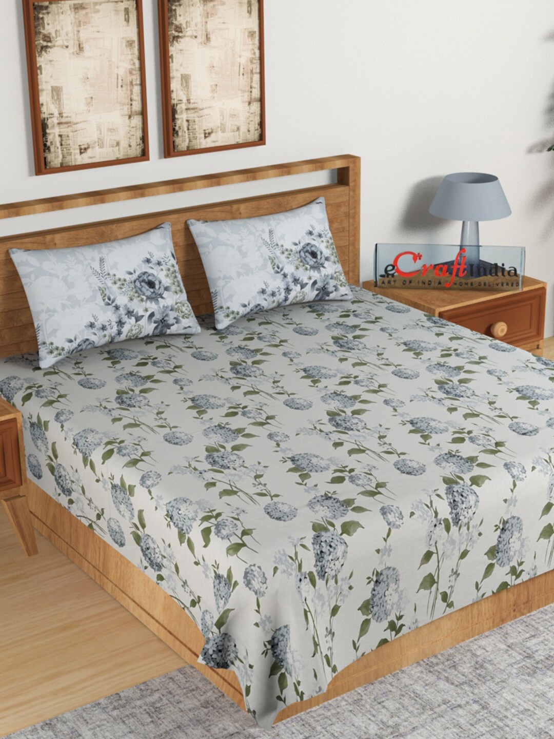 

eCraftIndia Grey & Green Floral 144 TC King Bedsheet with 2 Pillow Covers