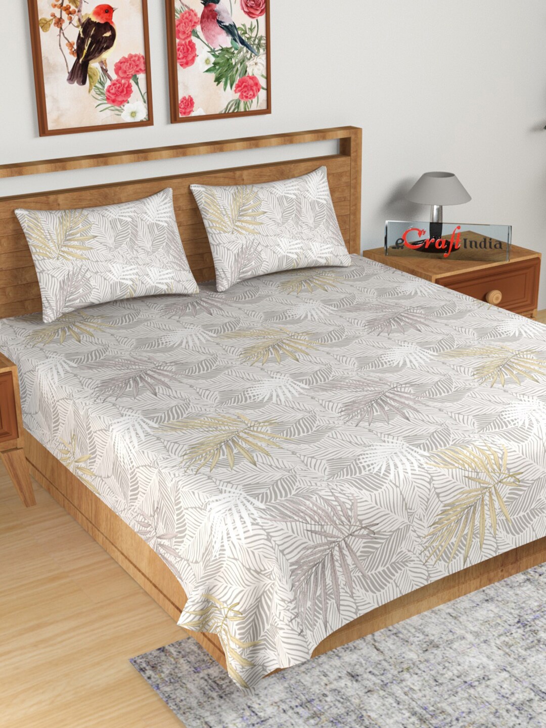 

eCraftIndia Grey & Beige Floral 180 TC King Bedsheet with 2 Pillow Covers