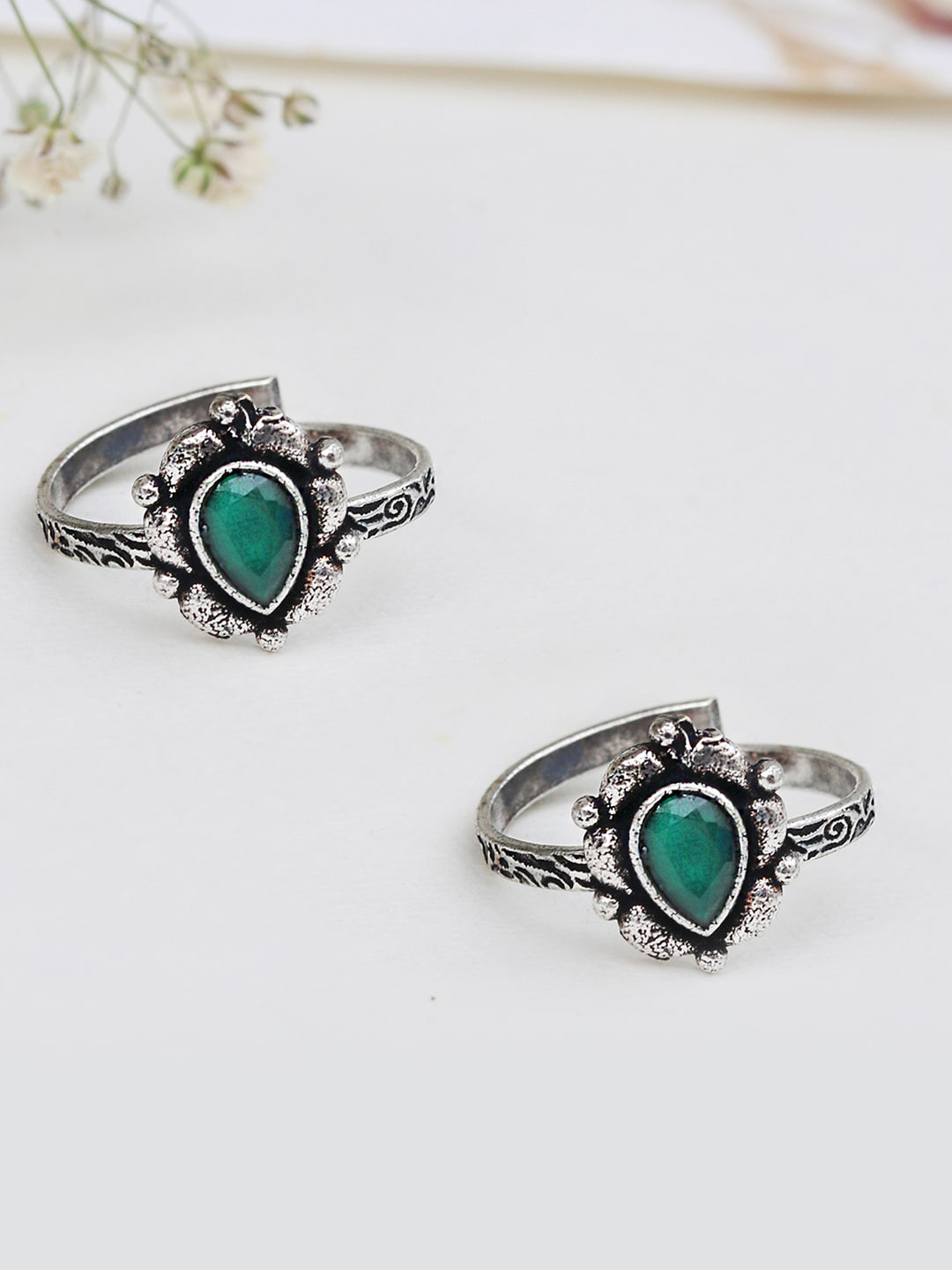 

TEEJH Set Of 2 Oxidised Silver-Plated & Green Stone-Studded Toe Rings