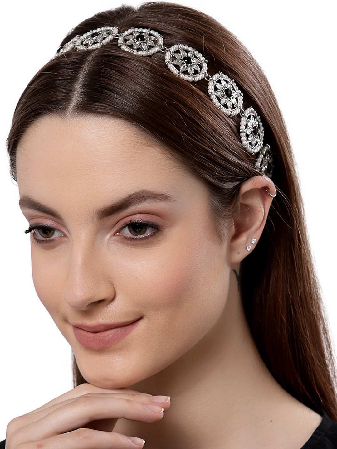

KARATCART Women Silver-Toned & Black Kundan Studded Hairband