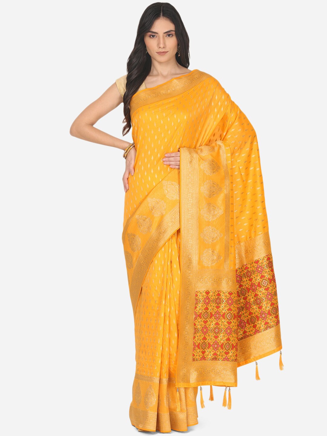 

BOMBAY SELECTIONS Yellow & Pink Ethnic Motifs Zari Art Silk Banarasi Saree