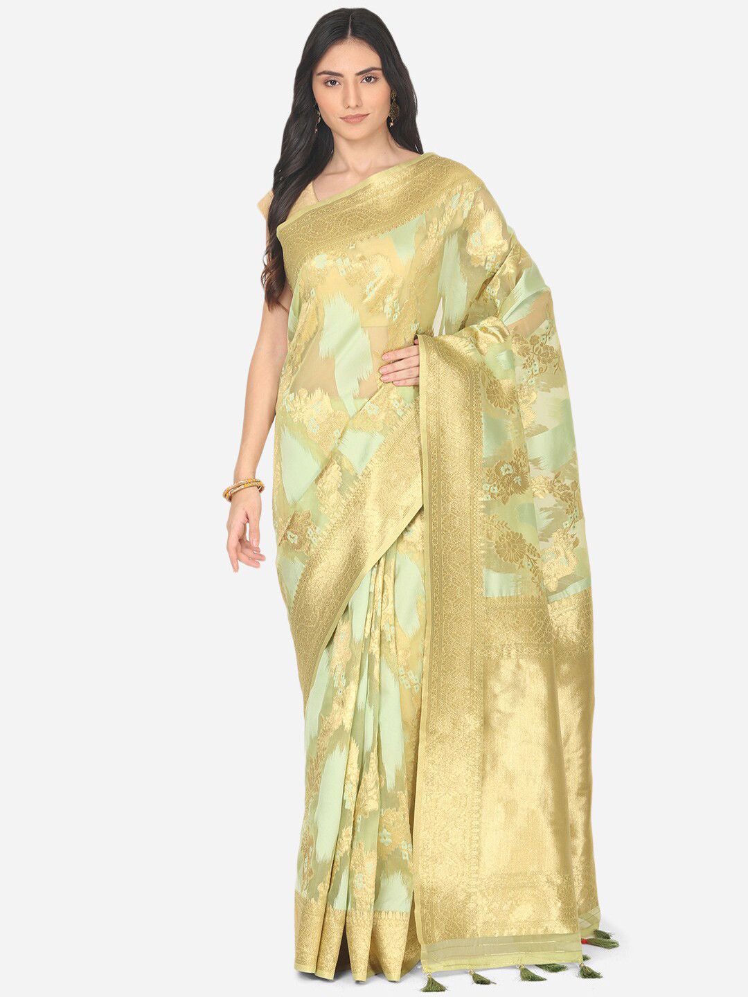 

BOMBAY SELECTIONS Green & Gold Ethnic Motifs Zari Organza Banarasi Saree