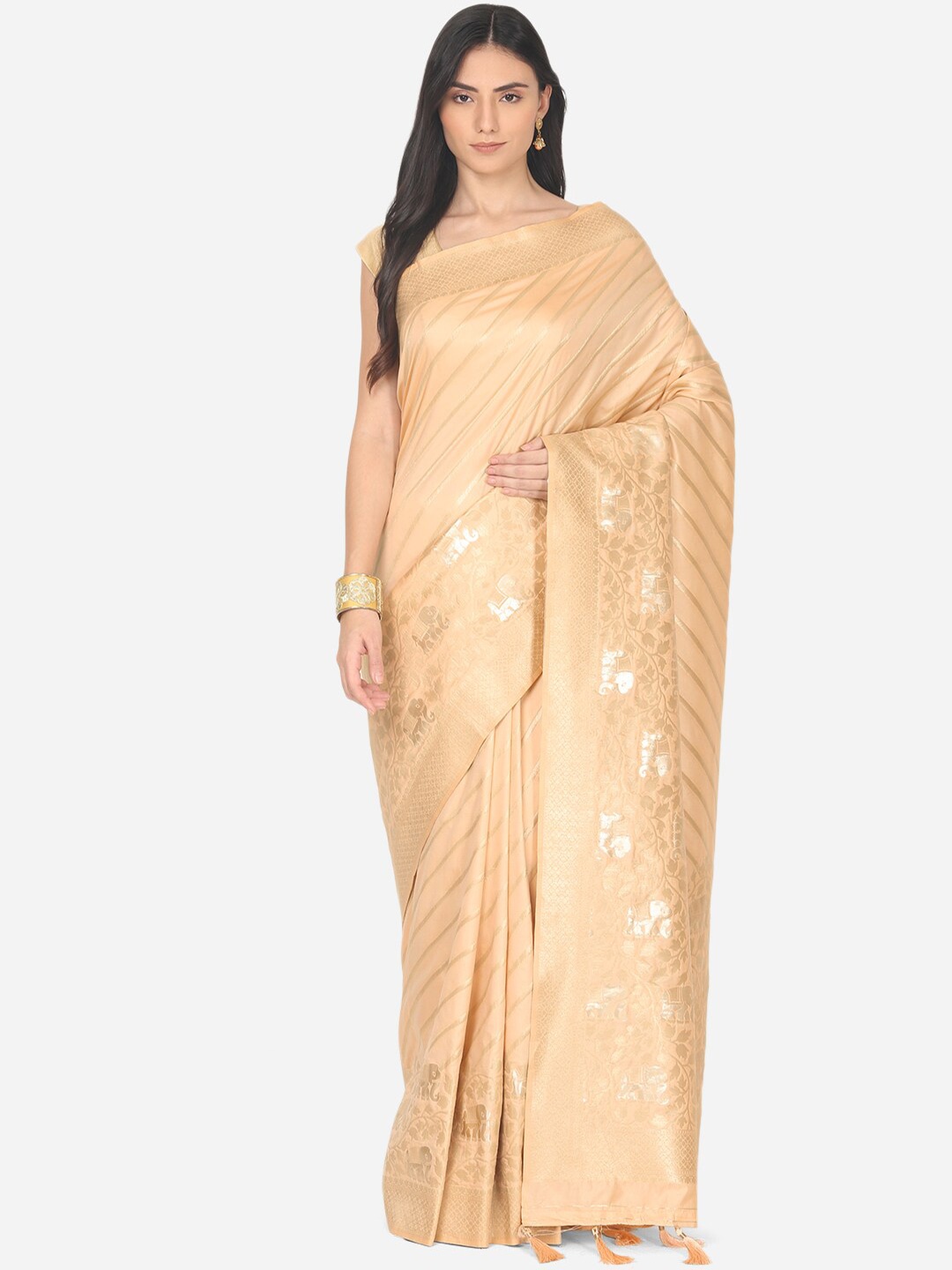 

BOMBAY SELECTIONS Peach-Coloured & Gold Ethnic Motifs Zari Art Silk Banarasi Saree