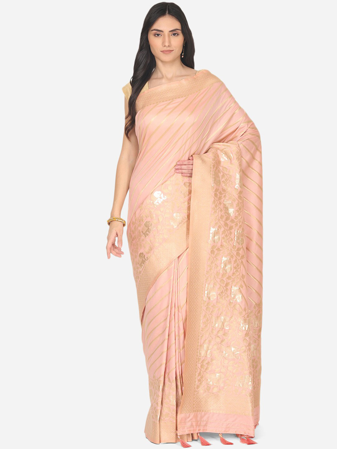 

BOMBAY SELECTIONS Pink & Gold Striped Art Silk Banarasi Saree