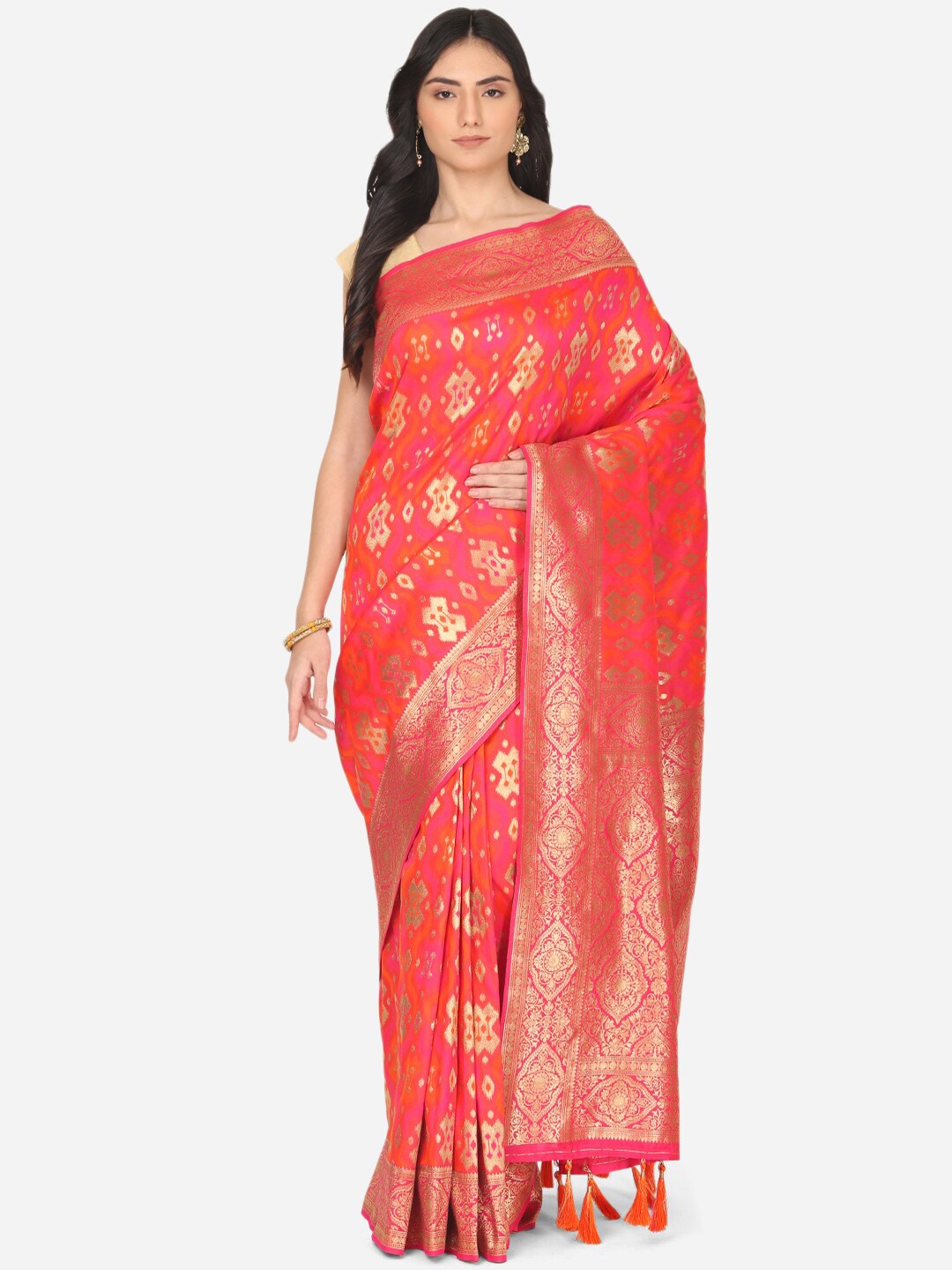 

BOMBAY SELECTIONS Coral & Gold Ethnic Motifs Zari Art Silk Banarasi Saree