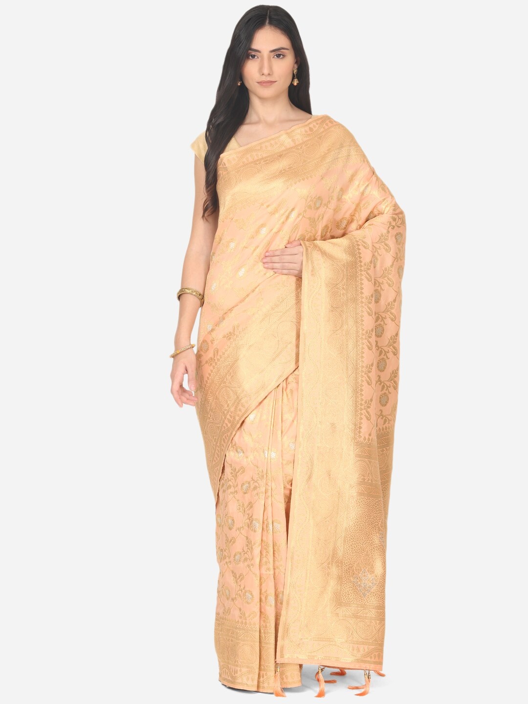 

BOMBAY SELECTIONS Peach-Coloured & Gold Ethnic Motifs Zari Art Silk Banarasi Saree