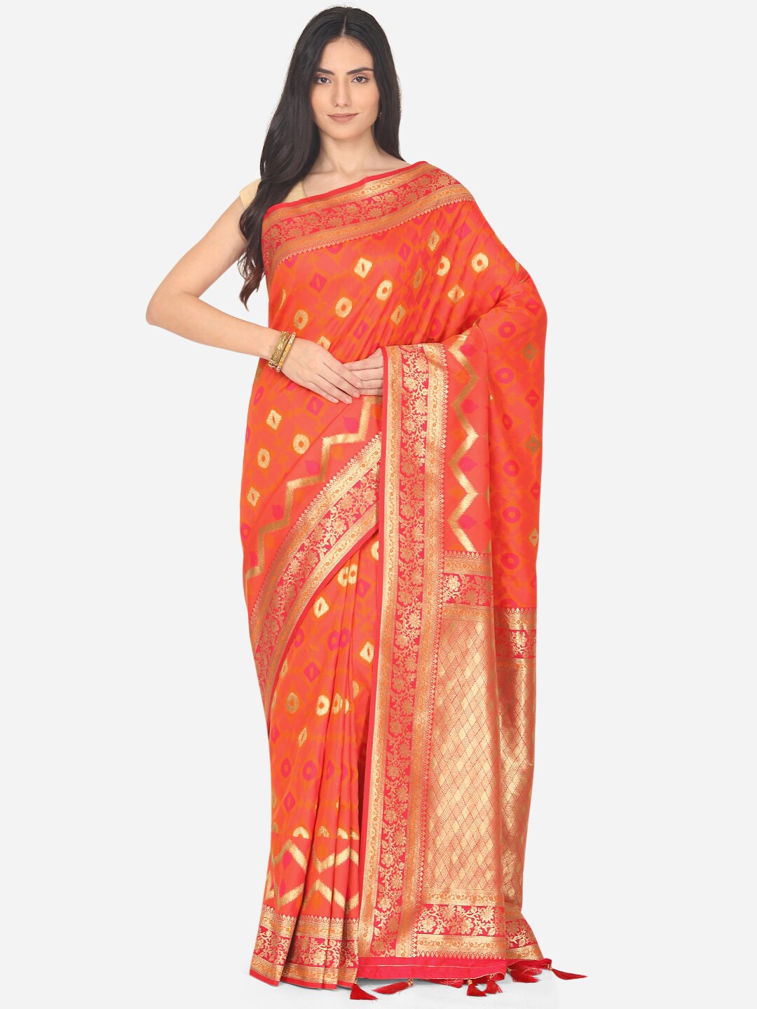

BOMBAY SELECTIONS Orange & Gold Ethnic Motifs Zari Art Silk Banarasi Saree