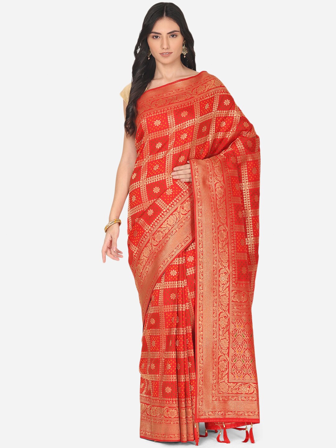 

BOMBAY SELECTIONS Red & Gold Ethnic Motifs Zari Art Silk Banarasi Saree