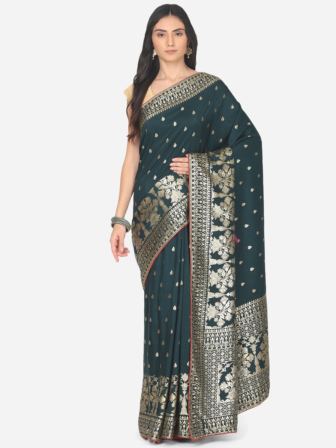 

BOMBAY SELECTIONS Turquoise Teal & Silver Ethnic Motifs Art Silk Banarasi Saree